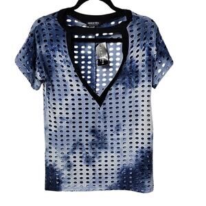 Fashion Nova The Only One Tee Blue Distressed V Neck Top Womens Size XS NWT